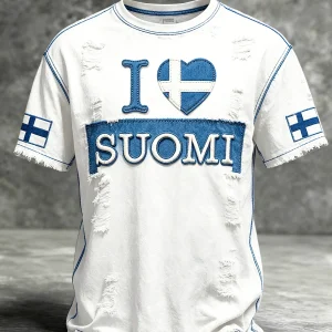 Miesten valkoinen rento t-paita, jossa on “SUOMI”-tilkkutapetti