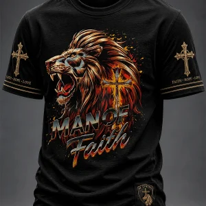 Christian Man of Faith Lion en Cross T-shirt met korte mouwen voor heren
