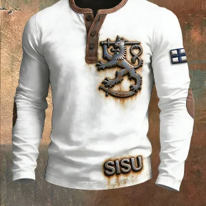 Miesten suomalainen SISU Tulosta Valkoinen Henley Sweatshirt