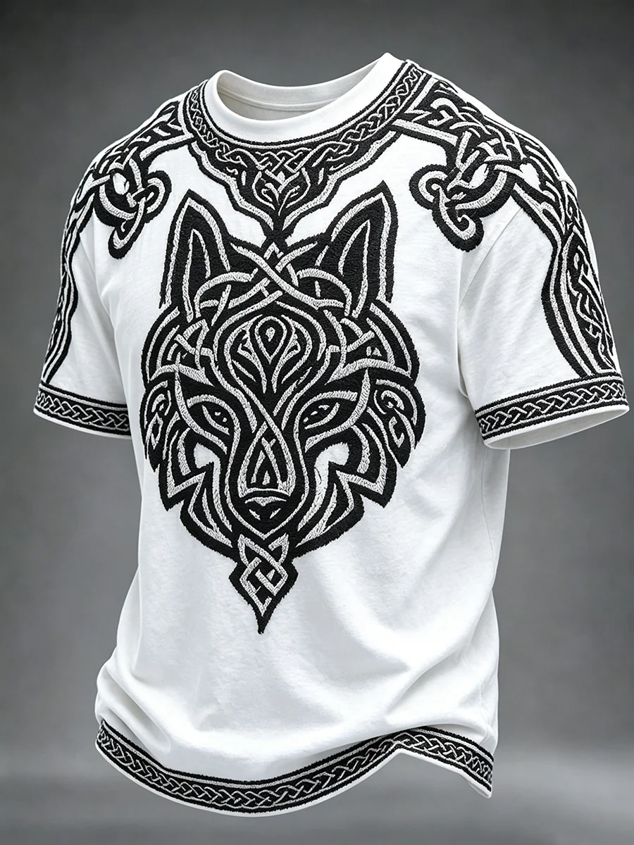 Miesten Viking Celtic Wolf Art Printa Pyöreä kaula Lyhyt hihot
