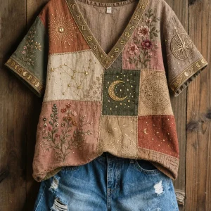 Vintage Art Zodiac Floral patchwork Casual puuvilla-Line T-paito