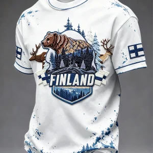 Miesten Valkoinen Suomi Karhu Print Casual T-paito