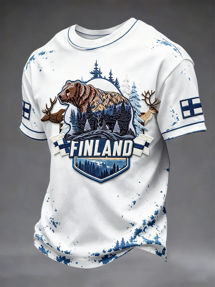 Miesten Valkoinen Suomi Karhu Print Casual T-paito