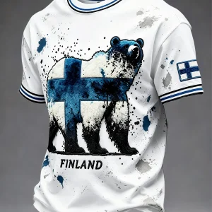 Miesten valkoinen Suomen karhu 3D-paidattu Casual T-paito