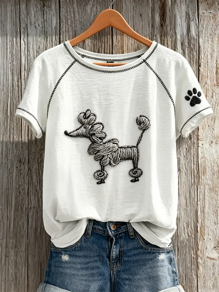 Naisten fuzzy Poodel Dog Abstract Art & Puw Tulosta lyhythiha T-paita - Image 2
