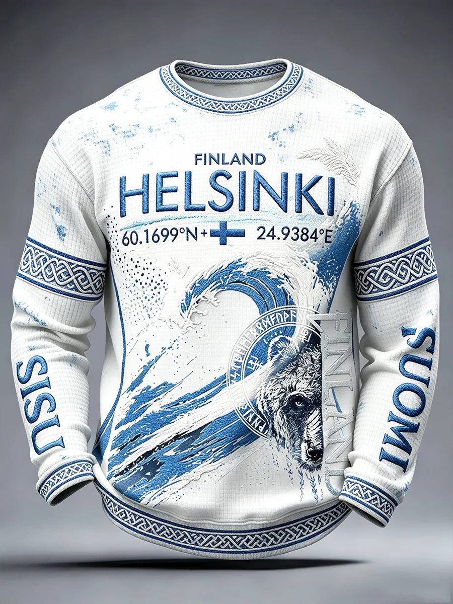 Miesten valkoinen Suomi Suomi Tulosta Casual LongSleeved T-paito - Image 2