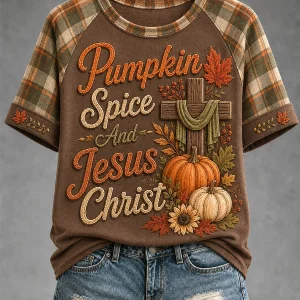 Naisten kurpitsa Spice ja Jeesus Kristus Print Casual Tee