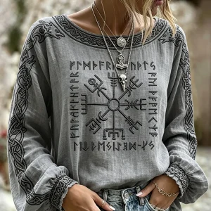 Naisten vintageviikinkihenkisen taidepainatuksen kuvioima puuvillakankainen paita