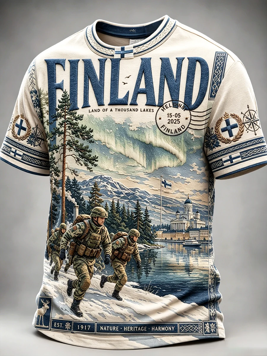 Miesten Vintage Suomen Armeija Sisu Print Casual T-paito - Image 2