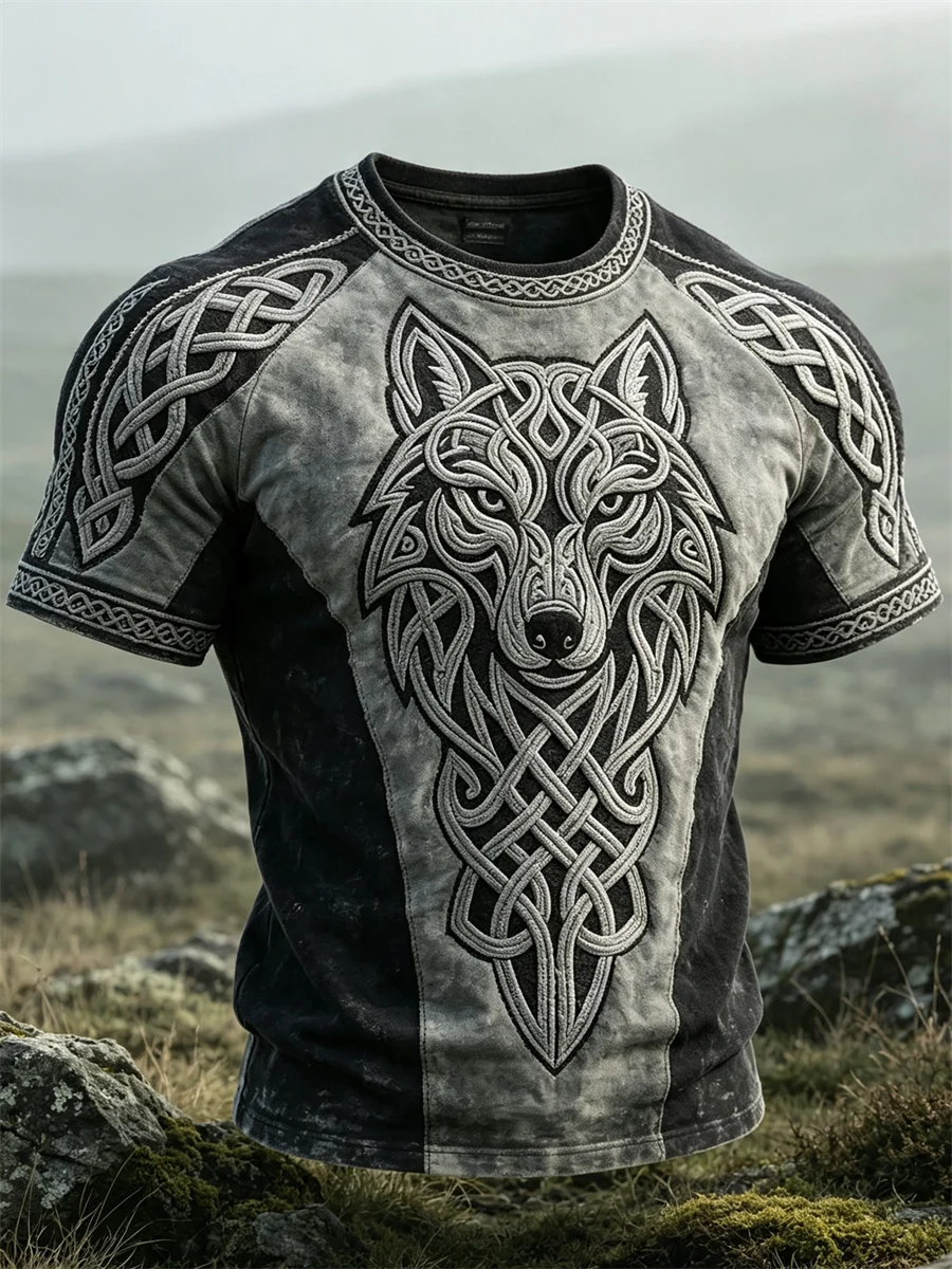 Miesten Viking Wolf Fenrir Celtic Knot Contrast Tulosta lyhythiha T-paita - Image 2