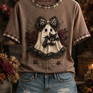 Naisten söpö aave Plaid patchwork T-paita