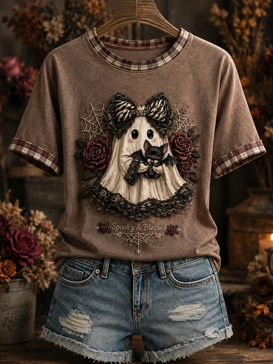 Naisten söpö aave Plaid patchwork T-paita