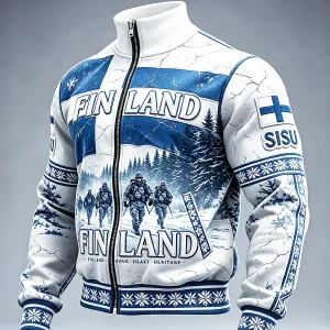 Miesten valkoinen Vintage Suomen sotilas 'Sisu henki' Tulosta Casual Zip-Up Takti