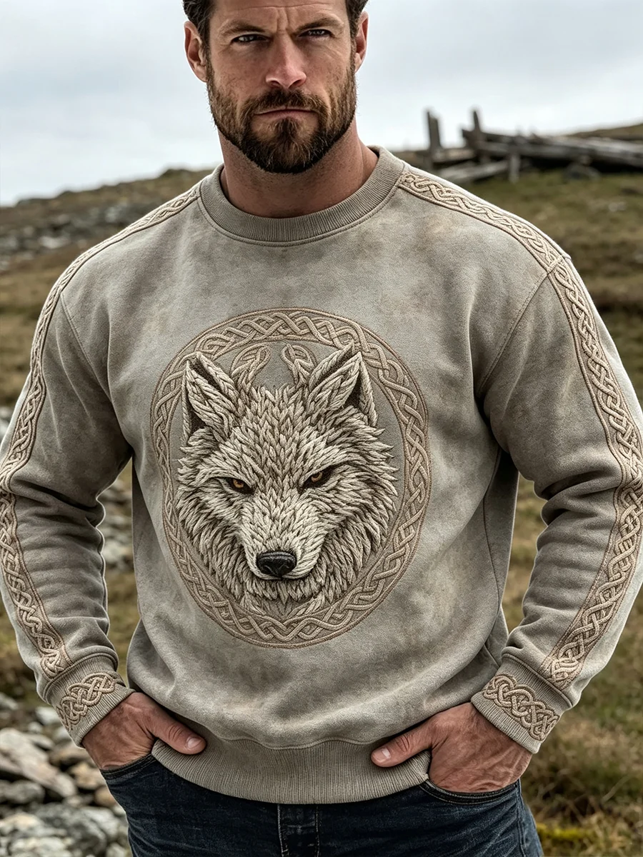 Miesten Vintage Viking Wolf Celtic Print miehistö kaula Sweatshirt - Image 2