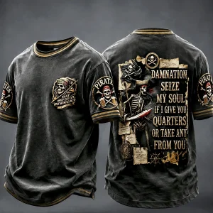 Miesten Black Vintage Pirate-Print Casual T-paito