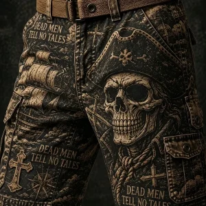 Vintage Dark Pirate-Punk Graphic Print Casual Cargo Shorts