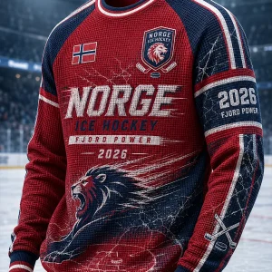 Herrerens raglan-T-skjorte i vaffelstrikk med lange ermer og ishockeymotiv