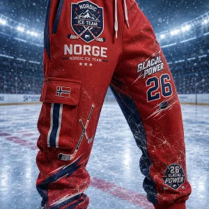 Idrettsbukser med print inspirert av herrehockey på is
