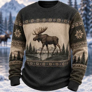 Miesten talvi Moose Print Casual Waffle Sweatshirt