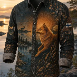 Retrotyylinen suomenpystykorvan taidepainatus, rento ja mukava pitkähihainen paita