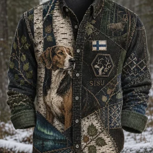 Retrotyylinen suomenpystykorvan taidepainatus, rento ja mukava pitkähihainen paita