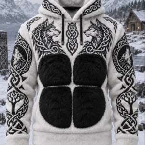 Miesten Viking heimo tyyli Wolf Head Jacquard kelttinen solmu taide Flannel lämpimä huppari