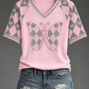 Naisten vaaleanpunainen preppy-tyylinen argyle-mallinen vapaa-ajan t-paita