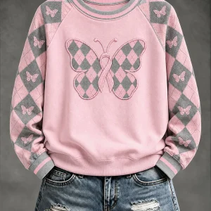 Naisten vaaleanpunainen Preppy-Style Argyle Casual Raglan Sweatshirt