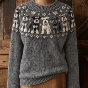 Naisten Vintage Schnauzer Dogs Yoke Isle Tulosta Kodikas miehistön kaula villapaiden